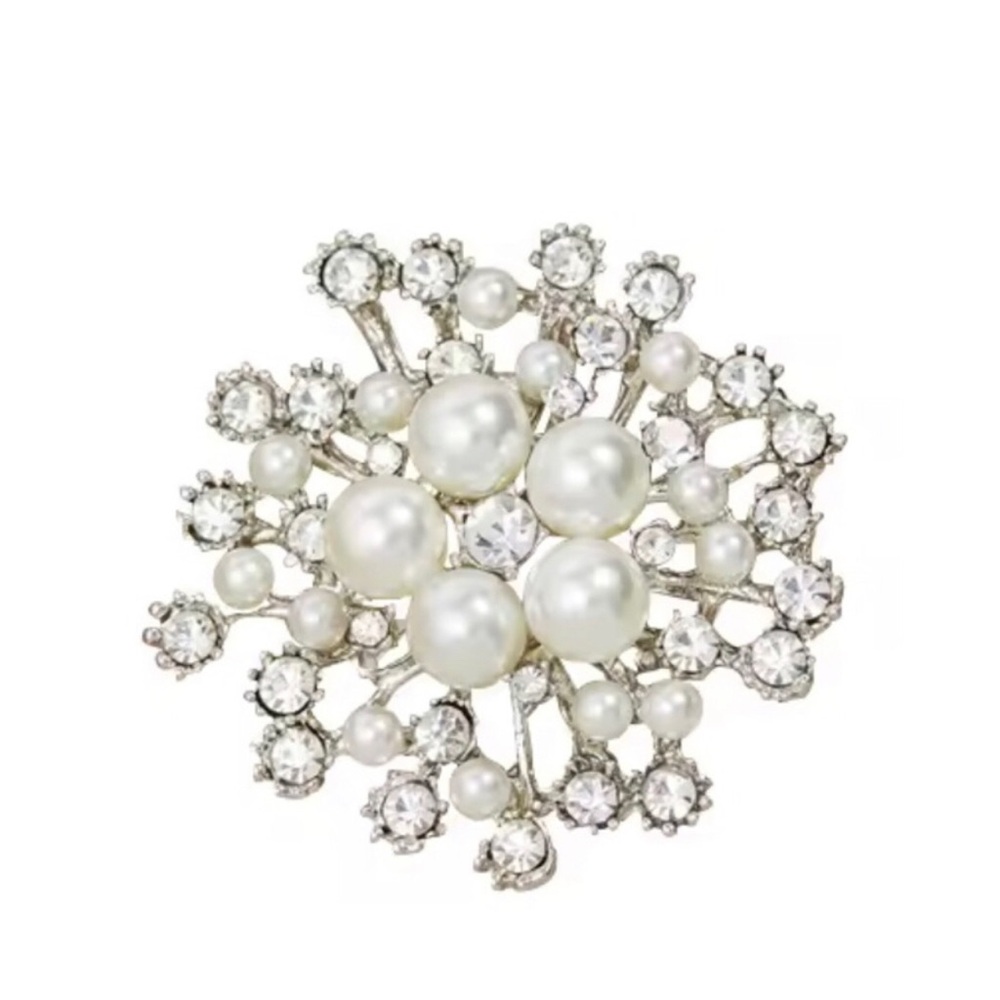 Pearl & Crystal Floral Burst Brooch - White/Silver